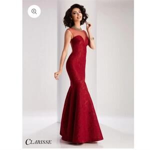CLARISSE red formfitted Mermaid sweethaert with overlay sheer top prom dress 2